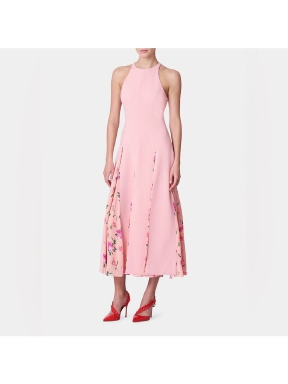 Carolina Herrera Floral-Chiffon Godet Halter Tea-Length Dress